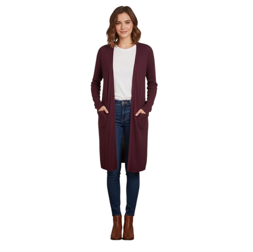 Ralph Lauren Burgundy Open Front Longline Ribbed Cardigan Size Large